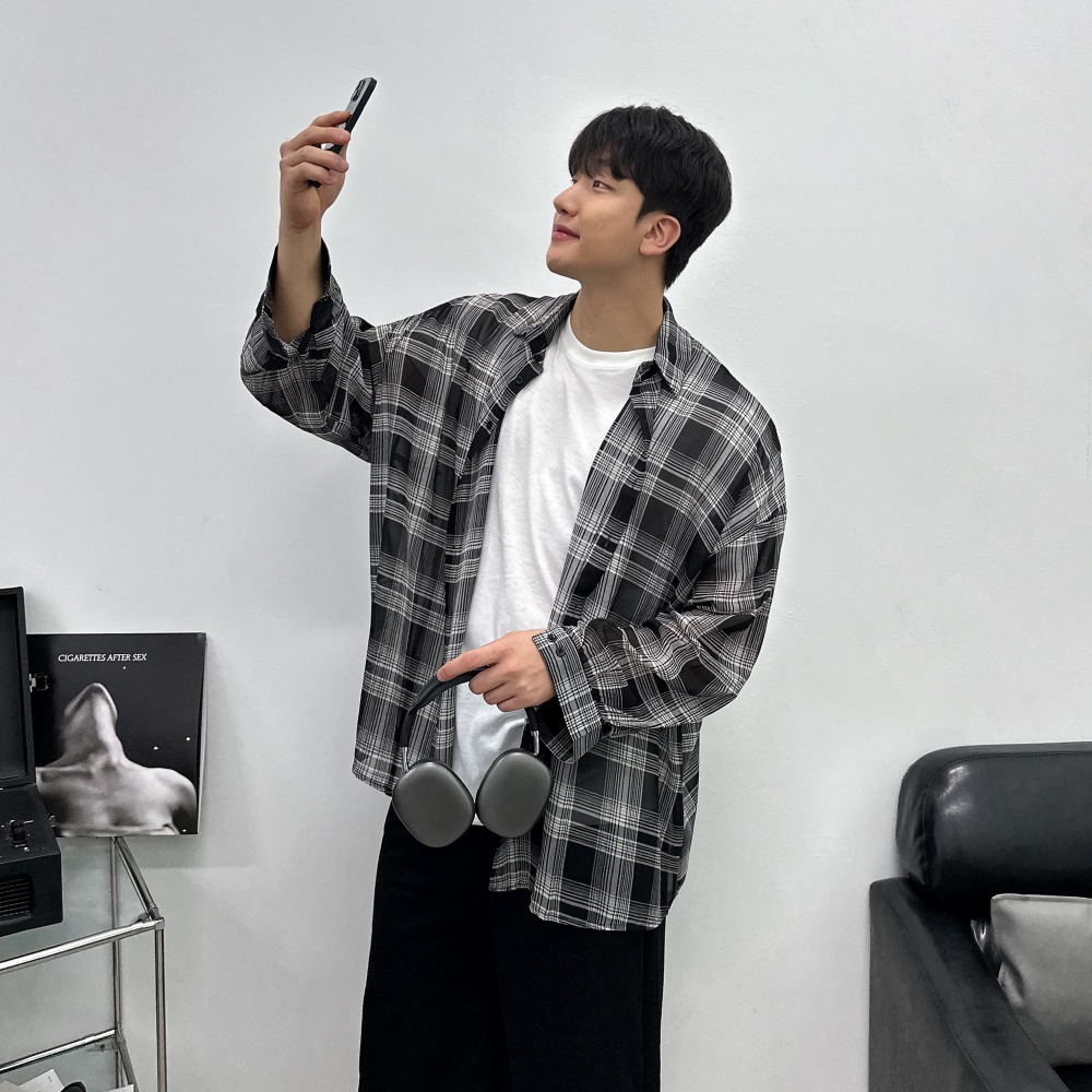 單色格紋透視夏季襯衫