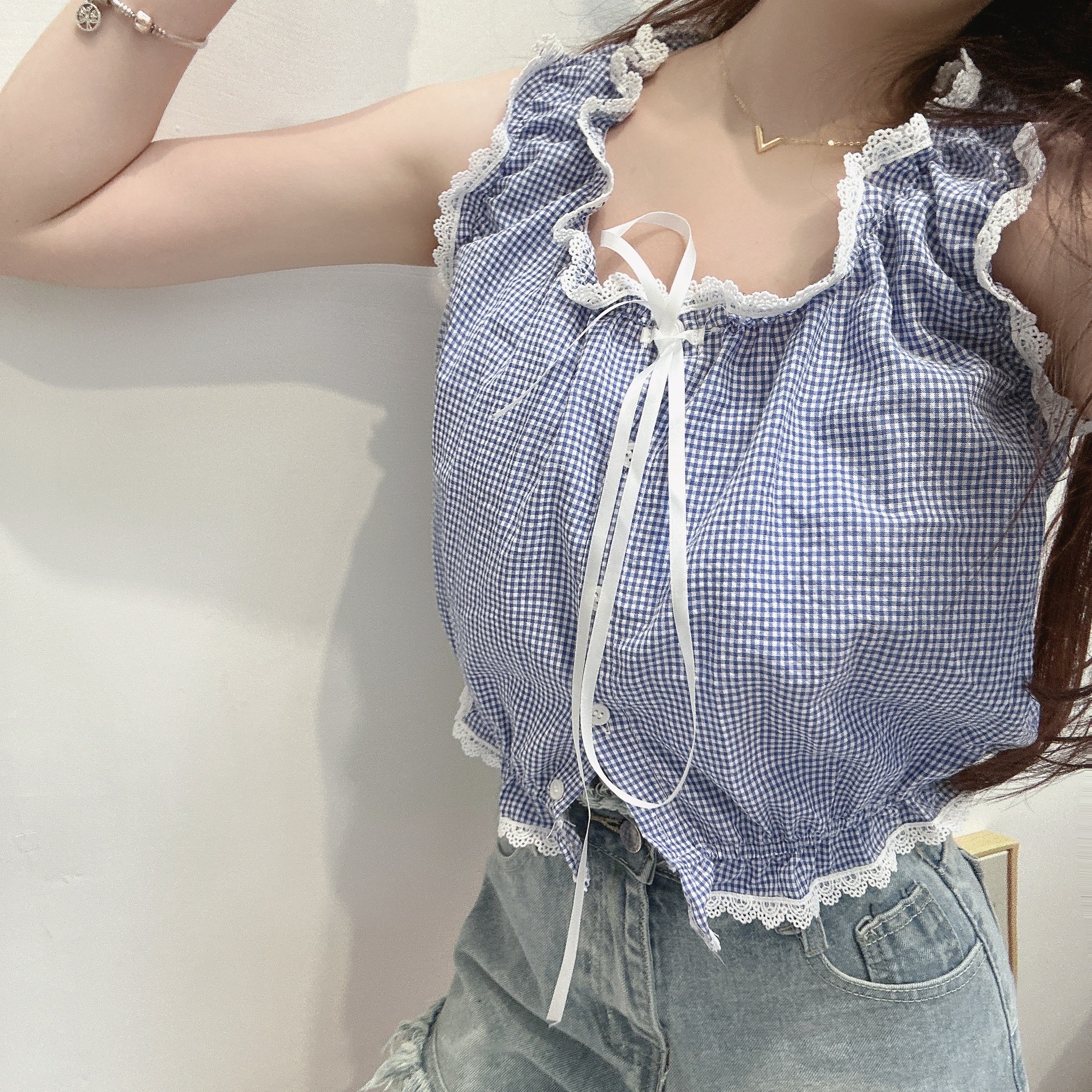 格紋蕾絲滾邊背心/二色