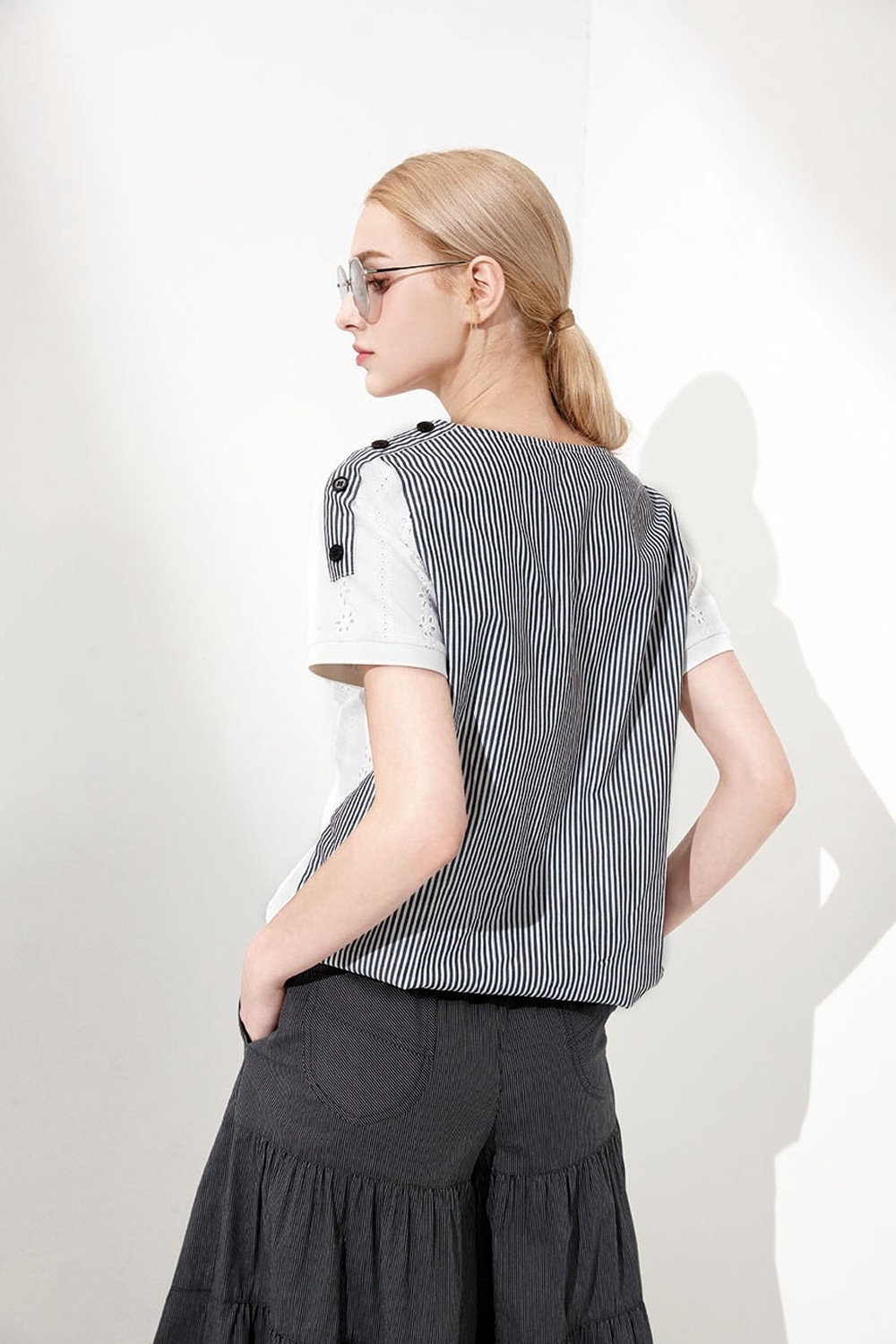 韓潮流經典細條紋棉質蛋糕造型設計甜美褲裙U6381