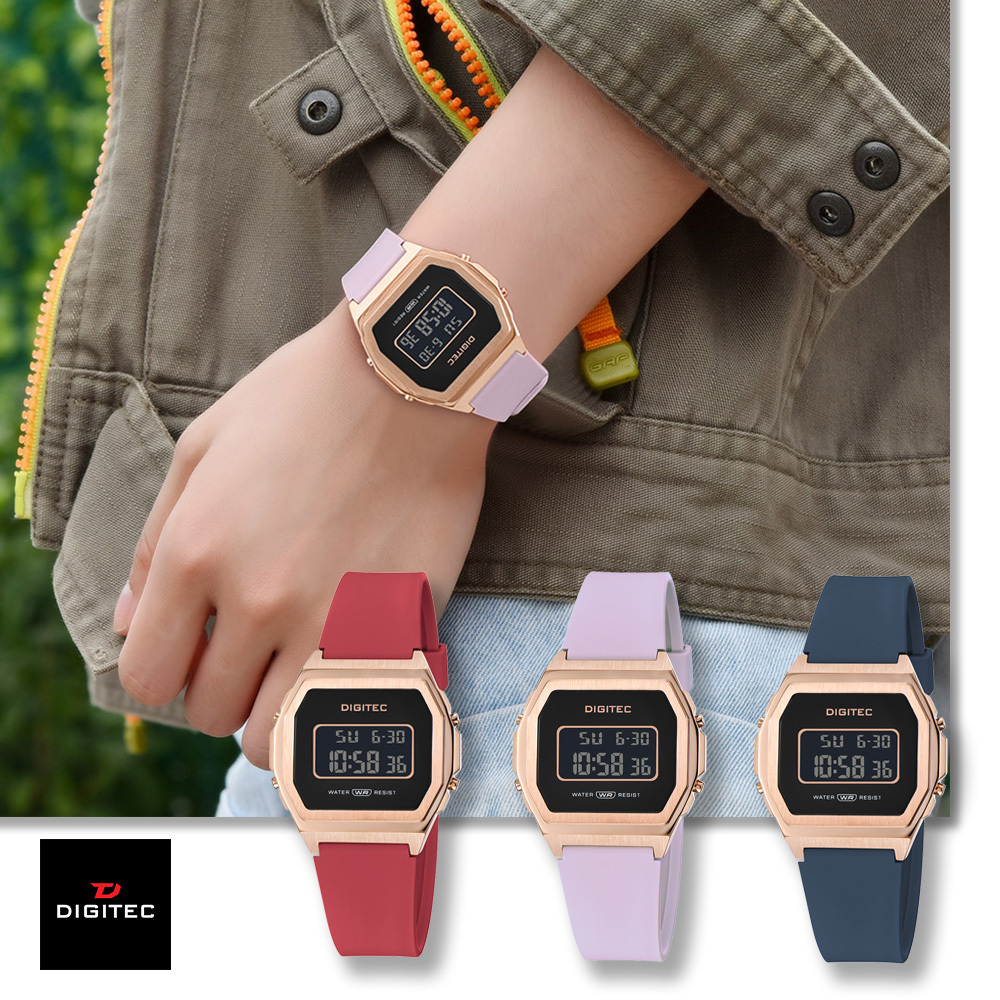 【DIGITEC 數碼科技 】 電子錶 復古錶款 方形錶 玫瑰金框 矽膠錶帶 DGS-7125T