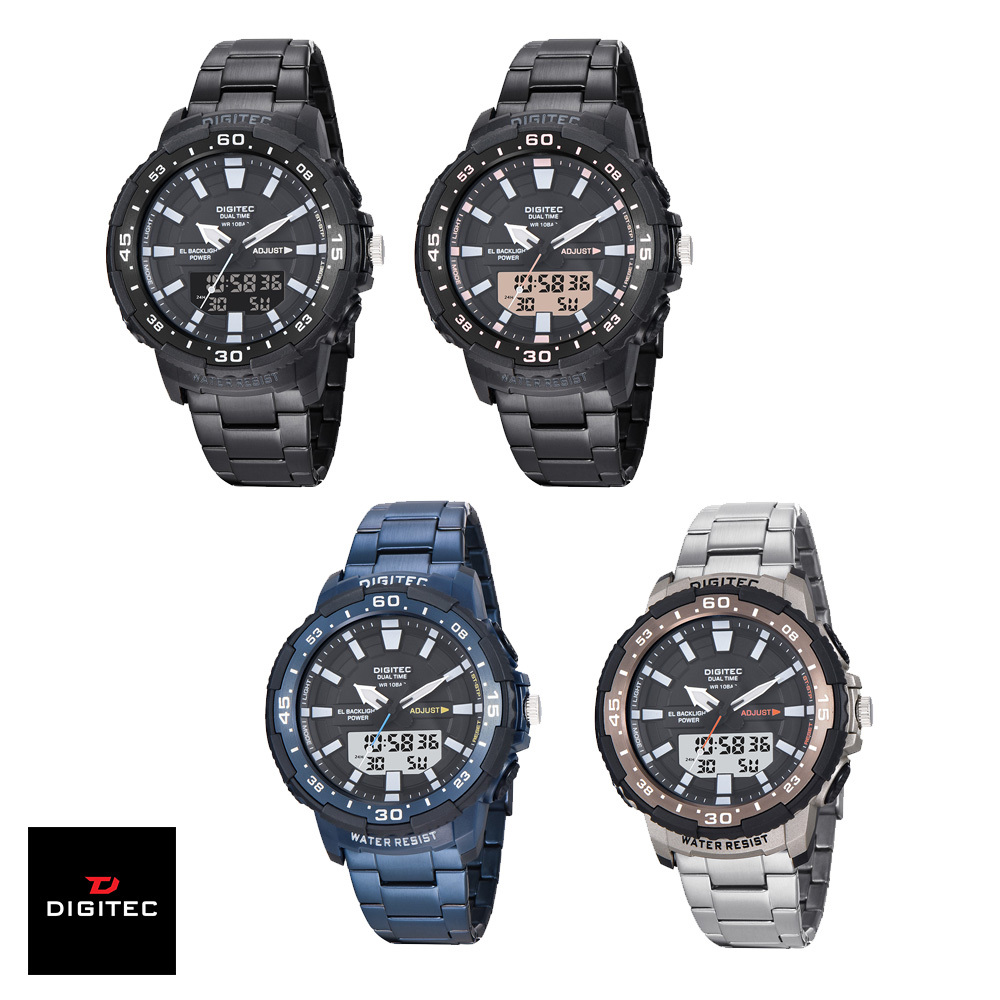 【DIGITEC 數碼科技】DA-2181R 都市男性 商務休閒 時尚百搭 兩地時間多功能雙顯 不鏽鋼 電子錶 手錶