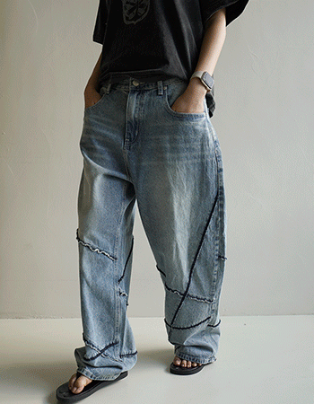 Nevel不對稱線條牛仔褲