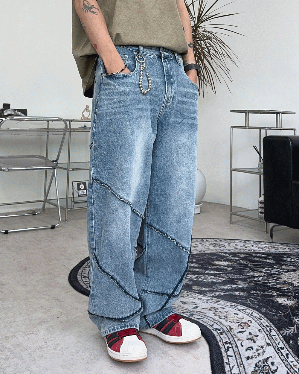 Nevel不對稱線條牛仔褲