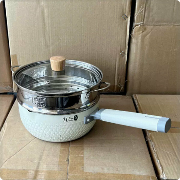 爆款陶瓷塗層家用雪平鍋不粘電磁爐小奶鍋【20cm牛奶白奶鍋+蓋+蒸籠】