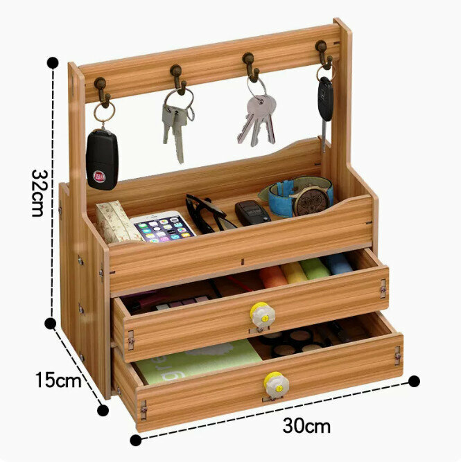 Popular desktop storage box (simple double drawer metal hook, walnut color)