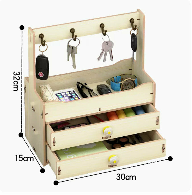 Popular desktop storage box (simple double drawer metal hook, white maple color)