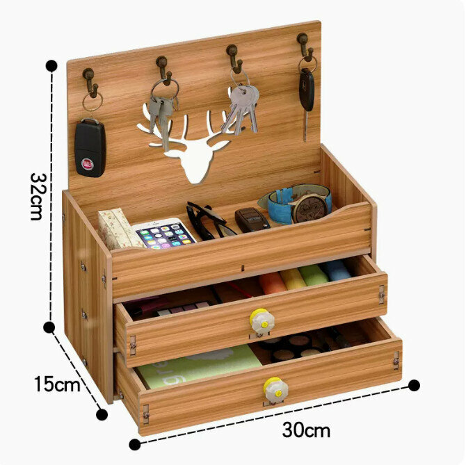 Popular desktop storage box (Nordic deer double drawer metal hook style, walnut color)