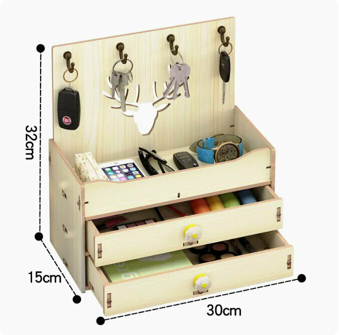 Popular desktop storage box (Nordic deer double drawer metal hook style, white maple color)