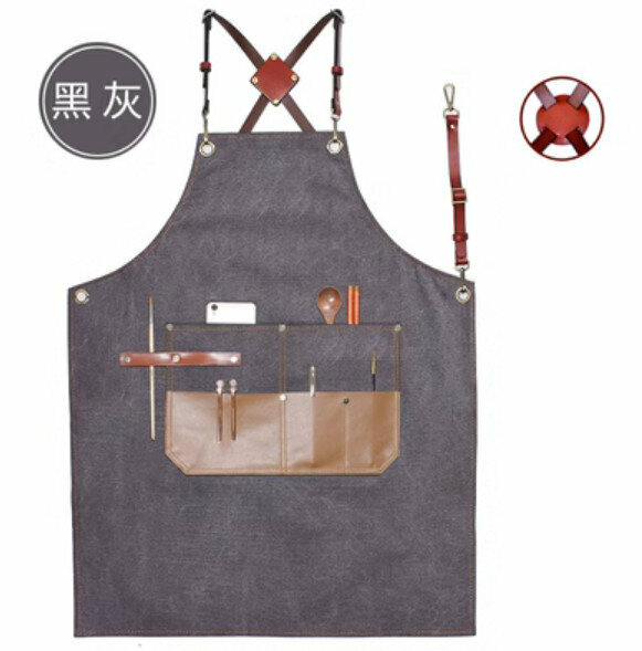 新款理髮店髮型師工作圍裙（防水新皮帶皮口袋厚帆布黑灰色）