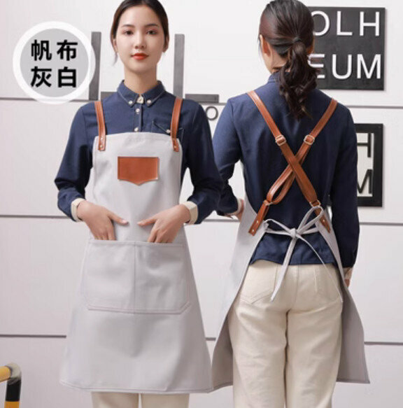 新款【1件裝】烘焙師餐飲廚房工作圍裙（防水防油帆布灰白色）