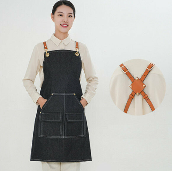 Hot recommended waterproof suspender work apron (D004 new brown belt denim black)
