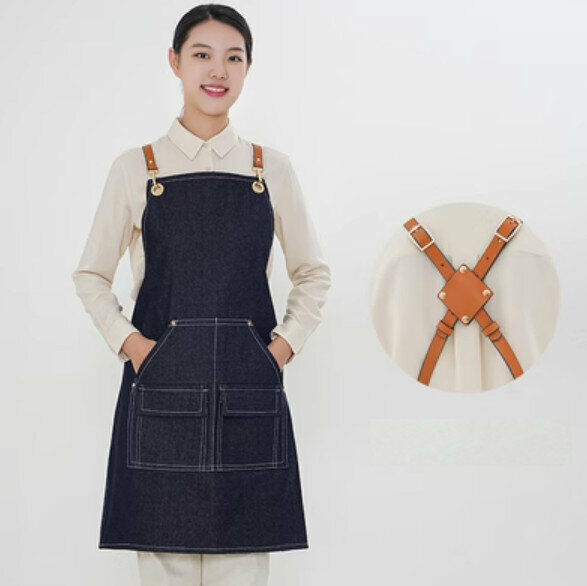 Hot recommended waterproof suspender work apron (D004 new brown belt denim blue)