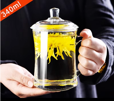 新款（1只）玻璃帶蓋杯家用茶杯(規格:(強化加厚)340ML風度杯，直入開水加厚耐熱）
