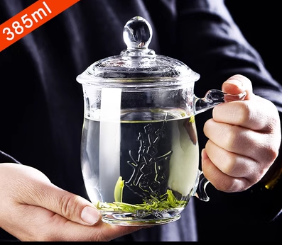 新款（1只）玻璃帶蓋杯家用茶杯(規格:(強化加厚)380ML雪梅杯，直入開水加厚耐熱）