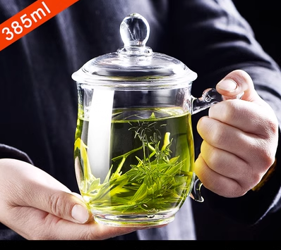 新款（1只）玻璃帶蓋杯家用茶杯(規格:(強化加厚)380ML傲竹杯，直入開水加厚耐熱）