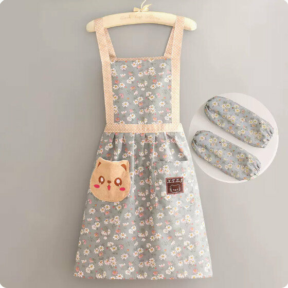New apron [Canvas suspender cat pocket floral blue + sleeves] [Specification: 90*70CM]