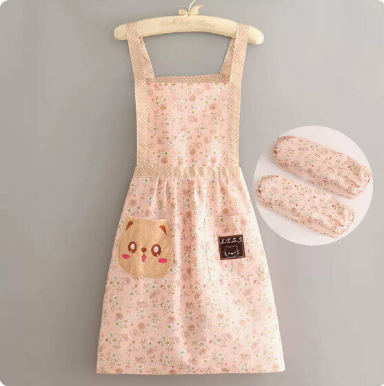 New apron [Canvas suspender cat pocket floral pink + sleeves] [Specification: 90*70CM]