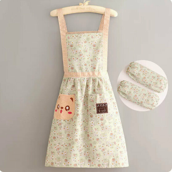 New apron [Canvas suspender cat pocket floral green + sleeves] [Specification: 90*70CM]