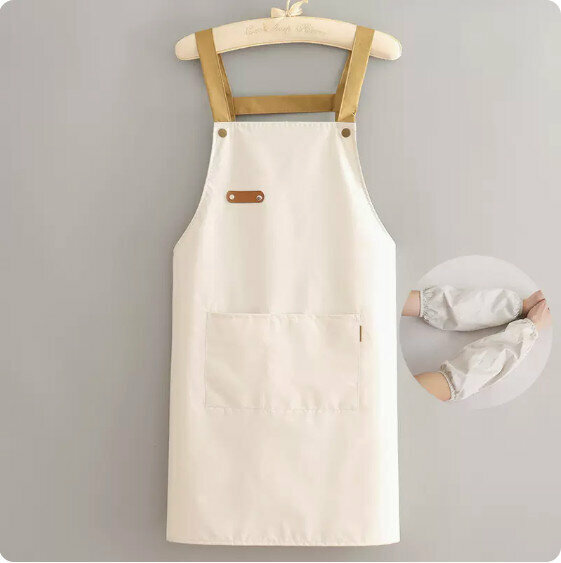 New apron [waterproof cassette leather buckle strap beige + sleeves] [specification: 90*70CM]