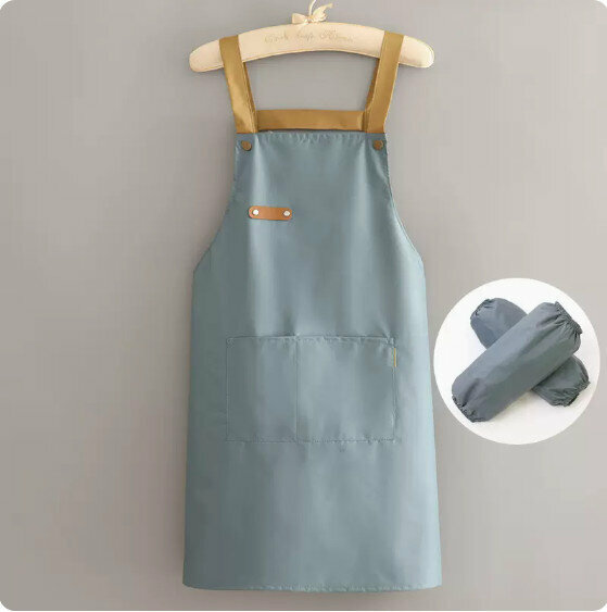New apron [waterproof cassette leather buckle strap blue + sleeves] [specifications: 90*70CM]
