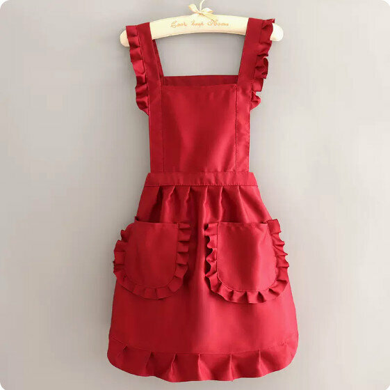 New cute and stylish apron [66 workwear straps lace skirt pure red] [Specification: 93*70CM]
