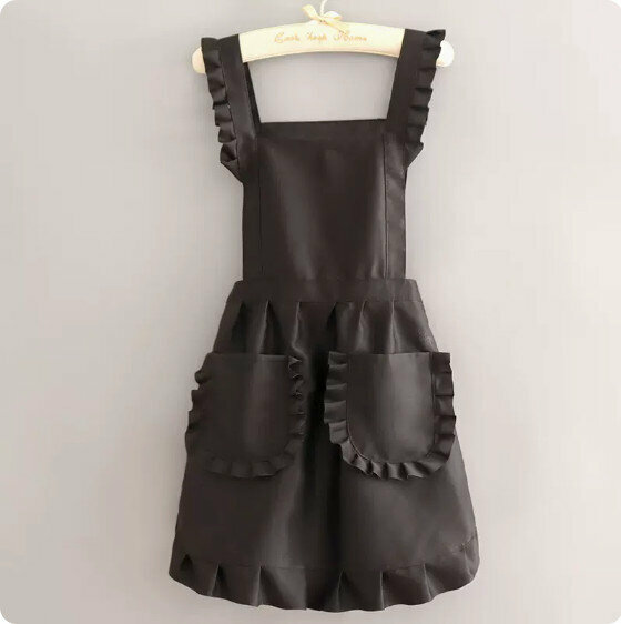 New cute and stylish apron [66 overalls with suspenders and lace skirt, pure black] [Specification: 93*70CM]