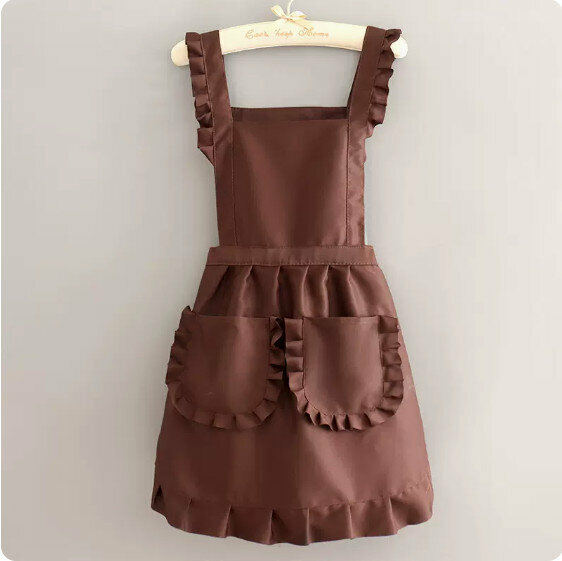 New cute and stylish apron [66 overalls with lace skirt, pure coffee color] [Specification: 93*70CM]