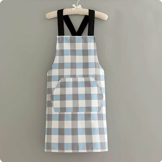 New fashion apron [Pure cotton canvas cross wide band checkered blue] [Specification: 95*70CM]