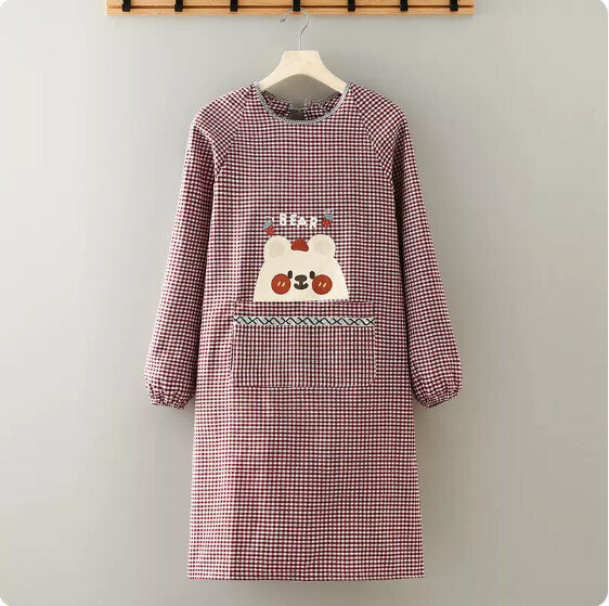New long-sleeved apron [JQL long-sleeved small grid cute bear color] [Specification: 99*104CM]