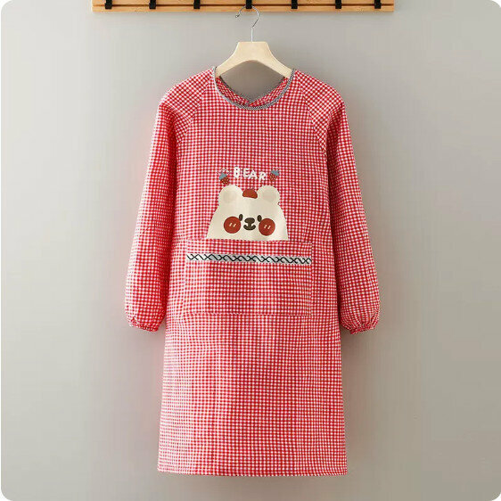 New long-sleeved apron [JQL long-sleeved small grid cute bear red] [Specification: 99*104CM]
