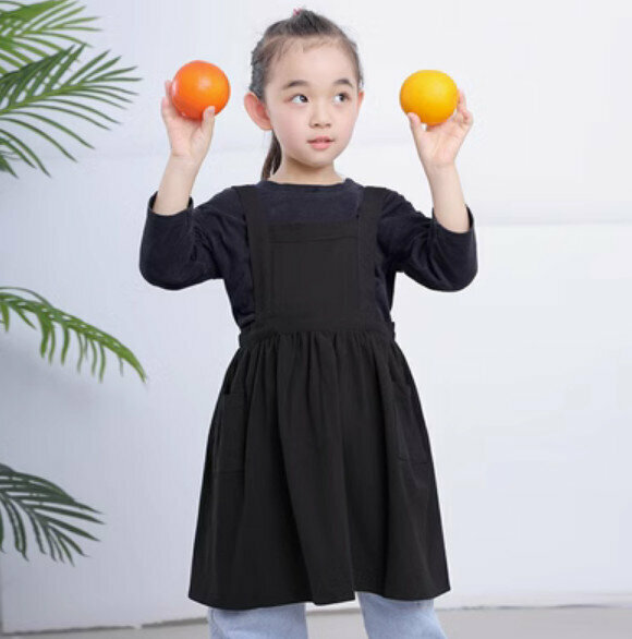 New children's cotton and linen apron [black (3-6 years old, 51cm long)]