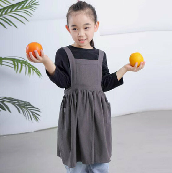 New children's cotton and linen apron [charcoal gray (3-6 years old, length 51cm)]