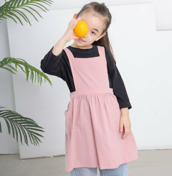 New children's cotton and linen apron [pink (3-6 years old, length 51cm)]