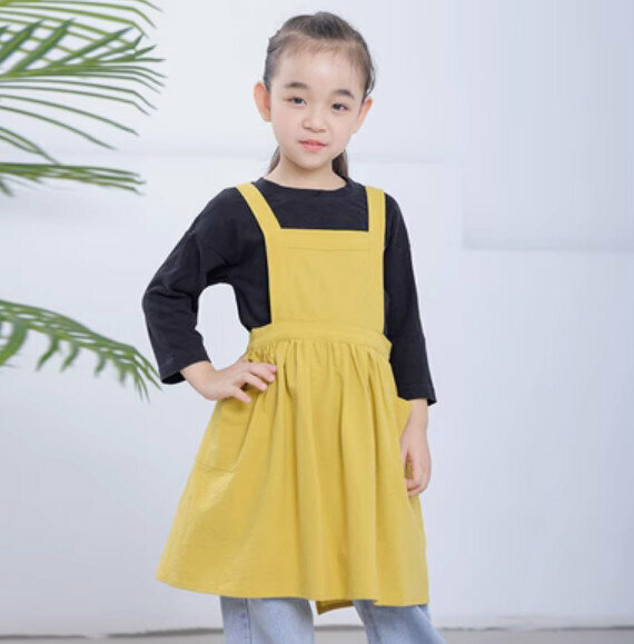 New children's cotton and linen apron [yellow (3-6 years old, 51cm long)]