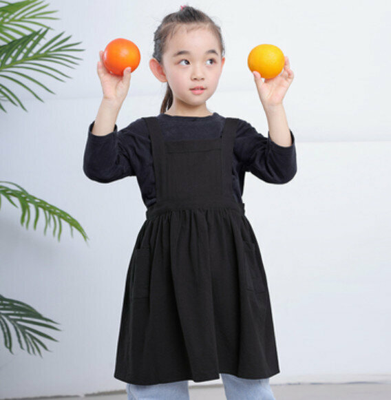 New children's cotton and linen apron [black (6-10 years old, length 58cm)]