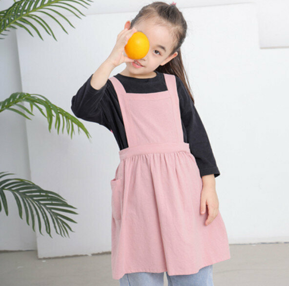 New children's cotton and linen apron [pink (6-10 years old, length 58cm)]