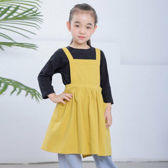 New children's cotton and linen apron [yellow (6-10 years old, length 58cm)]
