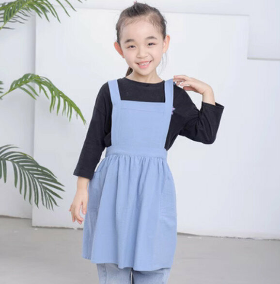 New children's cotton and linen apron [blue (6-10 years old, length 58cm)]