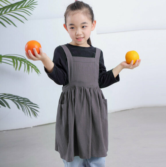 New children's cotton and linen apron [charcoal gray (6-10 years old, length 58cm)]