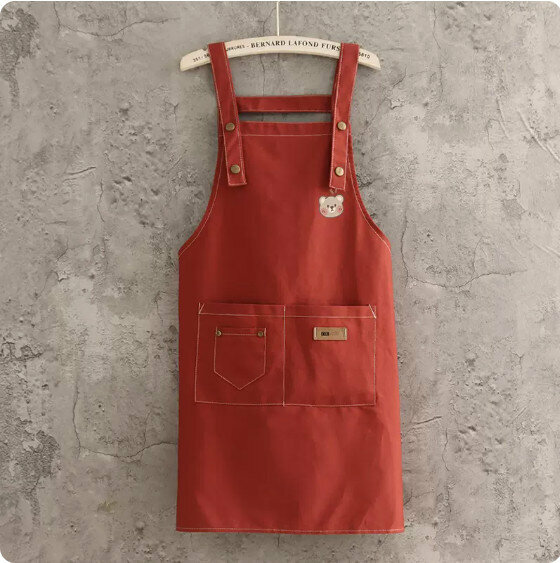 New fashionable and simple apron [pure cotton canvas strap leather red-Little Bear] [Specification: 70*70CM]