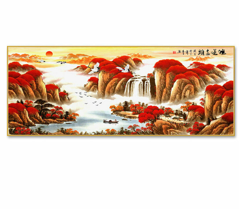 新款客廳裝飾掛畫【鴻運當頭—A款金色框】尺寸【220*90cm晶瓷面】