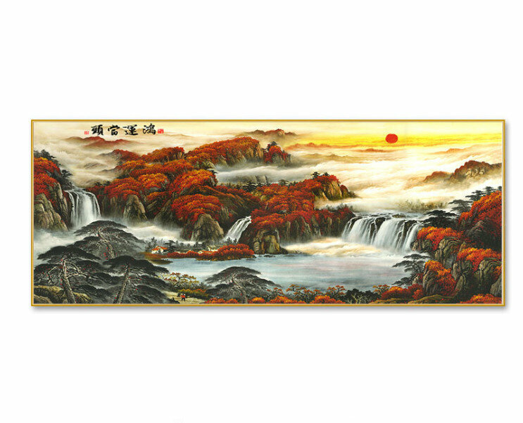 熱賣客廳裝飾掛畫【鴻運當頭—H款金色框】尺寸【200*80cm晶瓷面】
