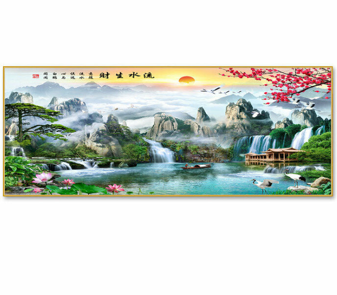 熱賣客廳裝飾掛畫【流水生財—N款金色框】尺寸【120*50cm晶瓷面】