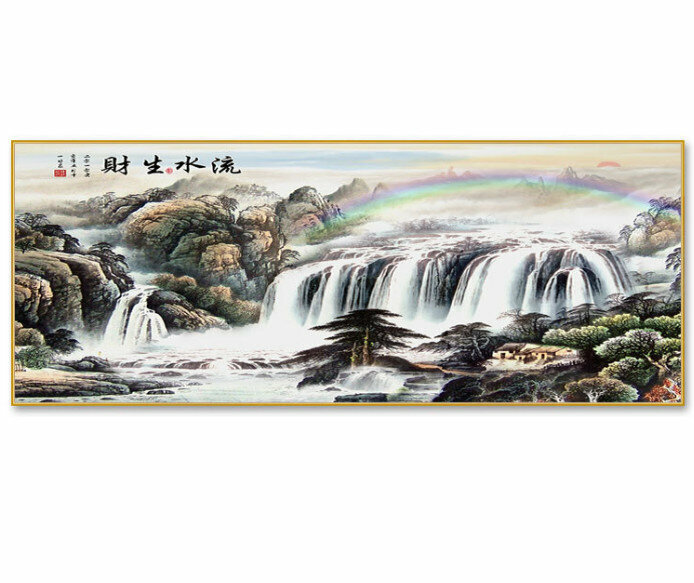 熱賣客廳裝飾掛畫【流水生財—Q款金色框】尺寸【120*50cm晶瓷面】