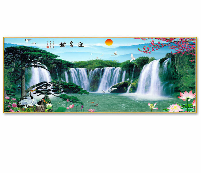 熱賣客廳裝飾掛畫【迎客松—T款金色框】尺寸【200*80cm晶瓷面】