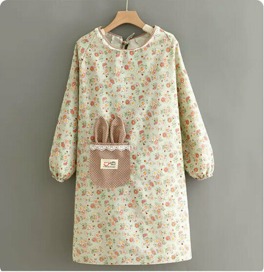 Hot Selling Apron [Canvas Floral Long Sleeve Rabbit Ears Green] [Specification: 97*103CM]