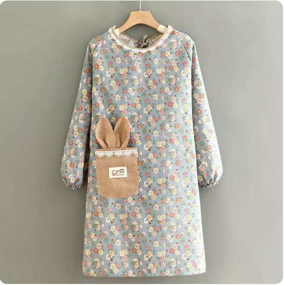 Hot Selling Apron [Canvas Floral Long Sleeve Rabbit Ears Blue] [Specification: 97*103CM]
