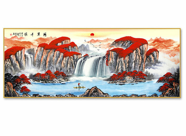 熱賣客廳裝飾掛畫【鴻運千秋—L款金色框】尺寸【240*100cm晶瓷面】