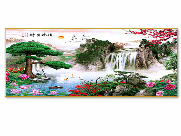 熱賣客廳裝飾掛畫【流水生財—M款金色框】尺寸【240*100cm晶瓷面】