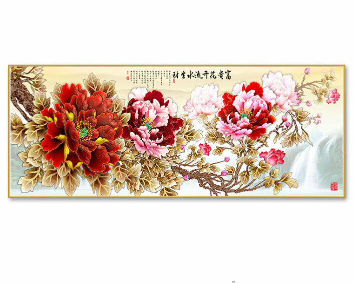 熱賣客廳裝飾掛畫【富貴花開—V款金色框】尺寸【240*100cm晶瓷面】